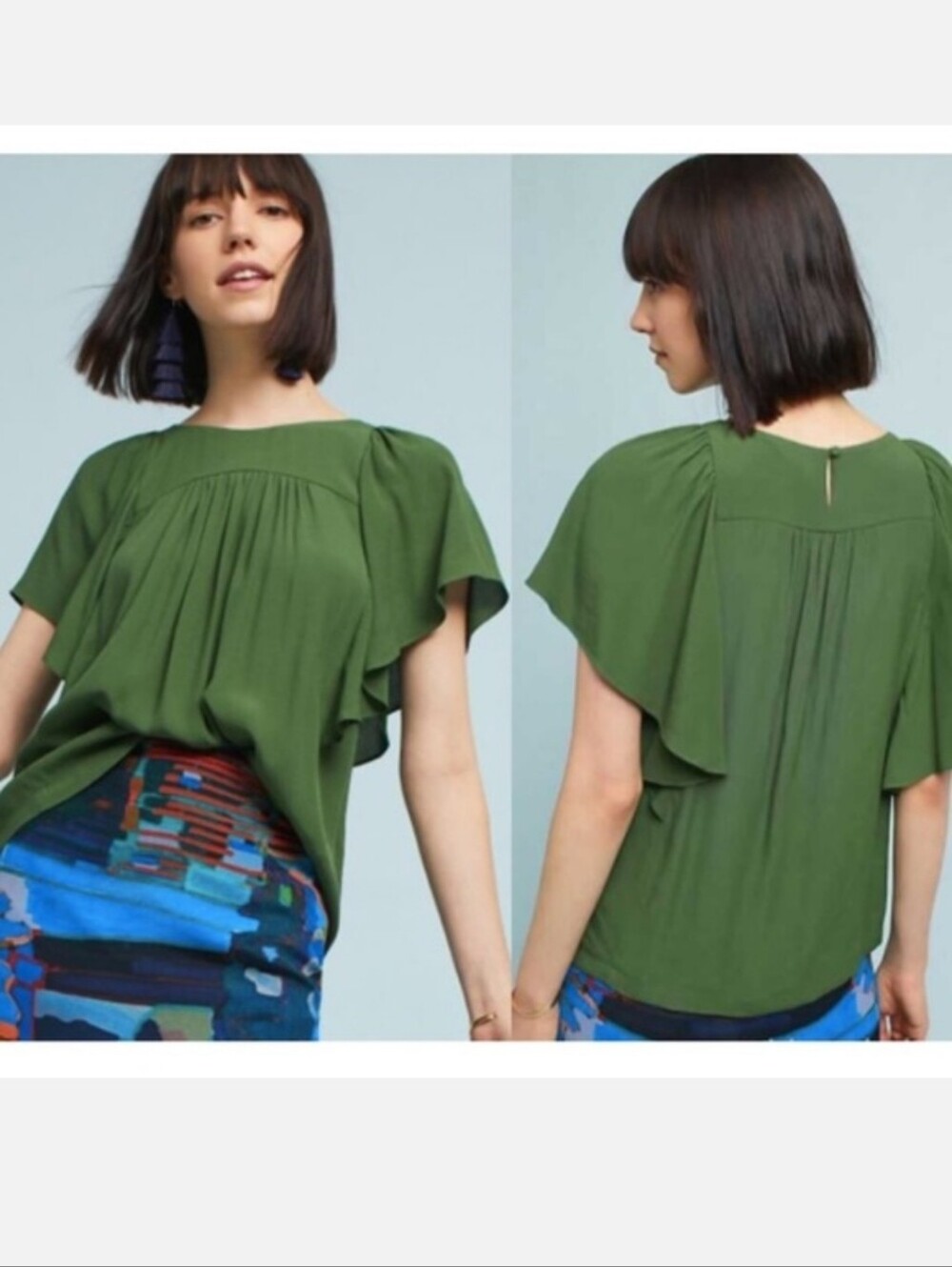 Anthropologie Maeve Green Flutter-Sleeve Women's Top